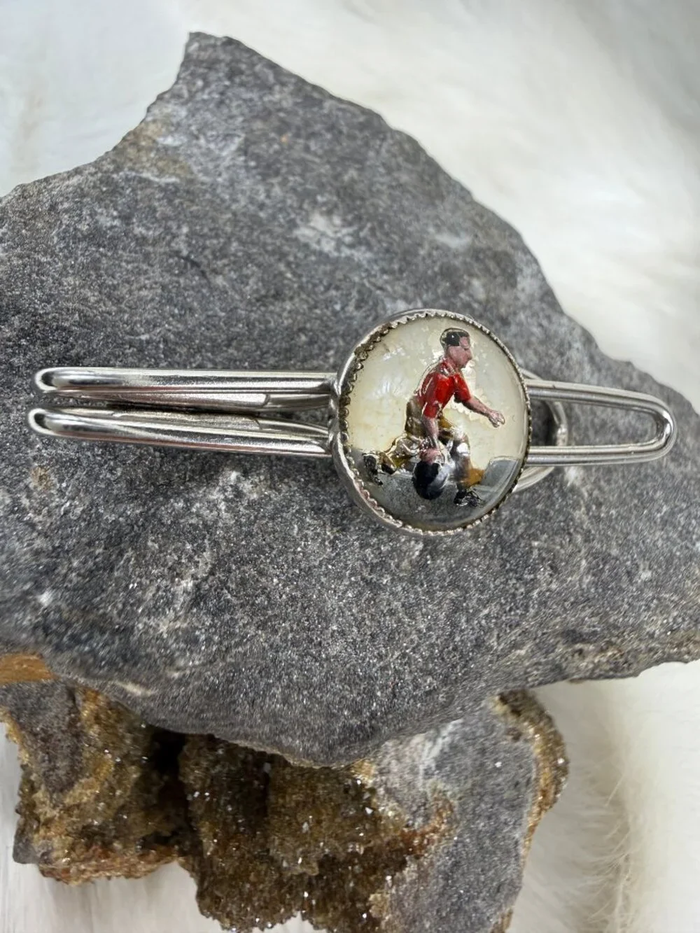 Vintage Reverse Painted Bowling Man Silver Tone Tie Bar .75